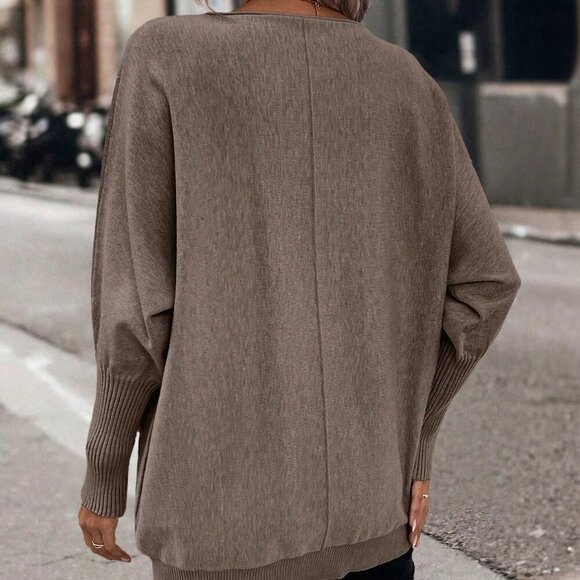 Brown Casual Women's Dual Pocket Batwing Sleeve Pocket Patched Sweater - Picture 2 of 6